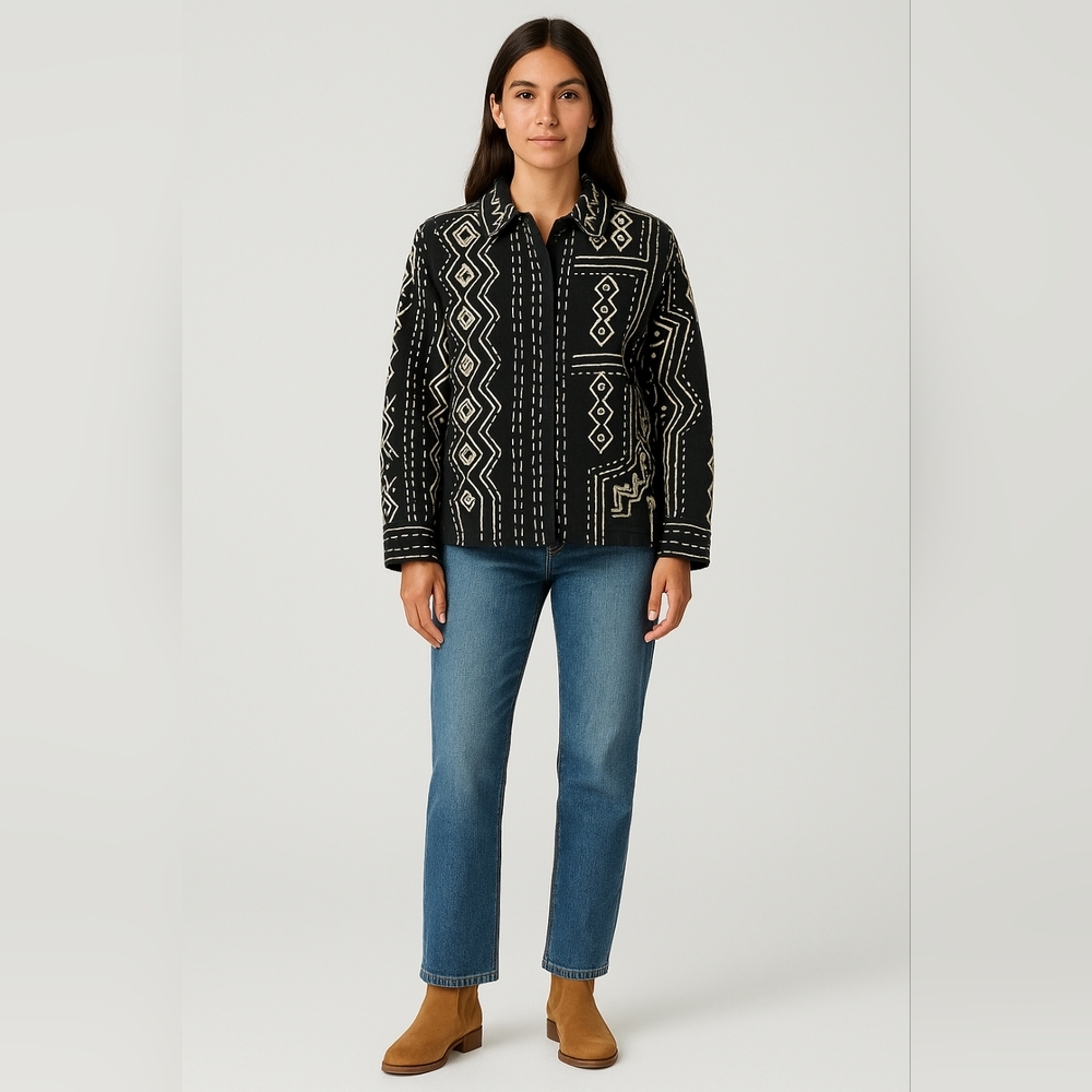 🧥 Chico’s Embroidered Geometric Jacket Size 2 Boho Western